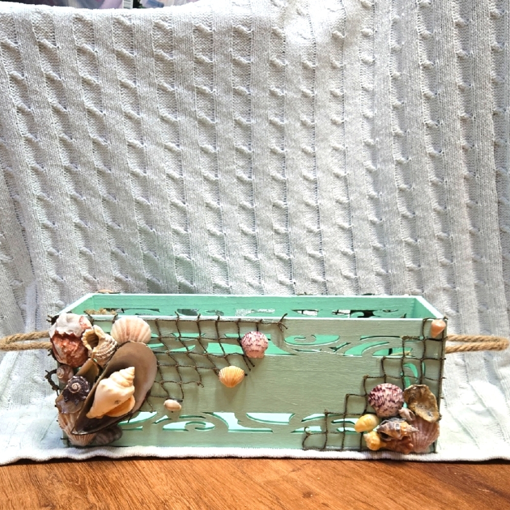 NEW! Hand Crafted Decorative Seashell Rope Handles Wooden Basket